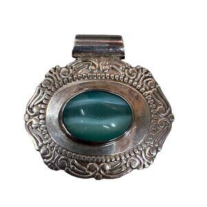 Vintage Taxco Green Agate Mexican Sterling Silver Oval Slide Pendant Southwest